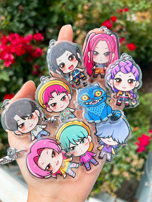 INSTOCK - HUNTR/X, Saja Boys, The tiger Acrylic Glitter Keychain + Vinyl Sticker SET Fan Art | Rumi, Mira, Zoey, Jinu | KPop Demon Hunters