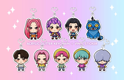 INSTOCK - HUNTR/X, Saja Boys, The tiger Acrylic Glitter Keychain + Vinyl Sticker SET Fan Art | Rumi, Mira, Zoey, Jinu | KPop Demon Hunters